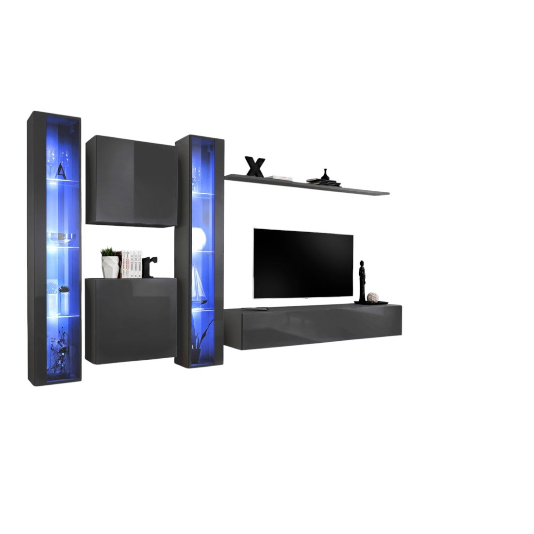 Set di mobili da parete design per soggiorno. Collezione SWITCH XVI, colore grigio lucido.