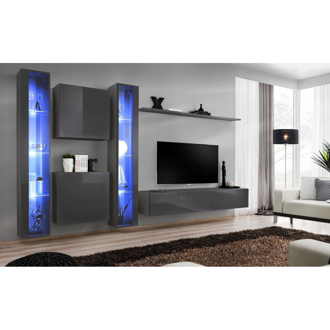 Set di mobili da parete design per soggiorno. Collezione SWITCH XVI, colore grigio lucido.