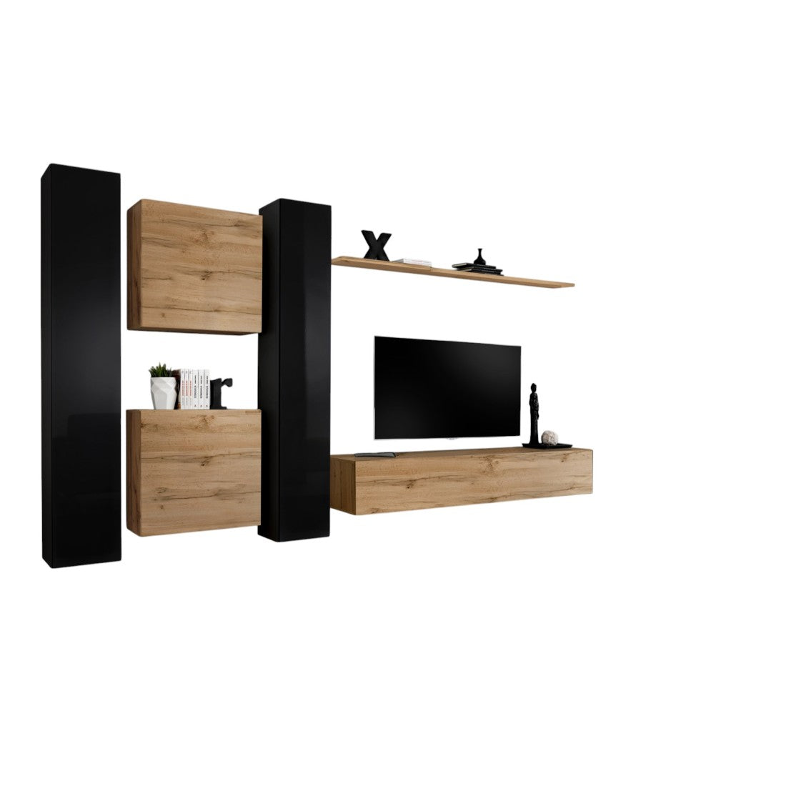 Set di mobili sospesi per il tuo salotto della collezione SWITCH VI. Colori rovere Wotan e nero lucido.