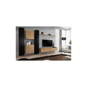 Set di mobili sospesi per il tuo salotto della collezione SWITCH VI. Colori rovere Wotan e nero lucido.