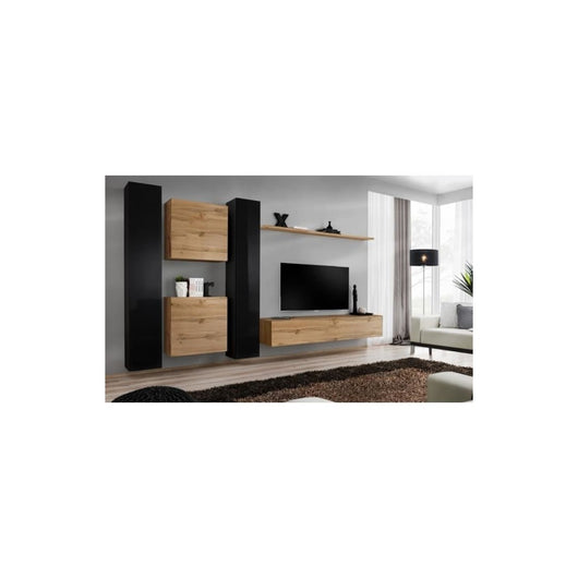 Set di mobili sospesi per il tuo salotto della collezione SWITCH VI. Colori rovere Wotan e nero lucido.