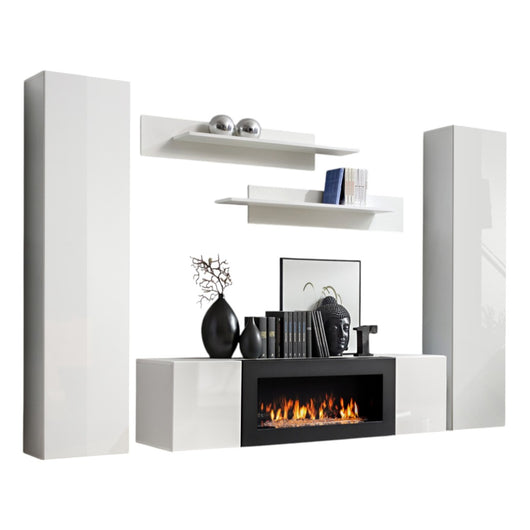 Set di mobili sospesi con camino decorativo collezione FLY M1. Colore bianco.