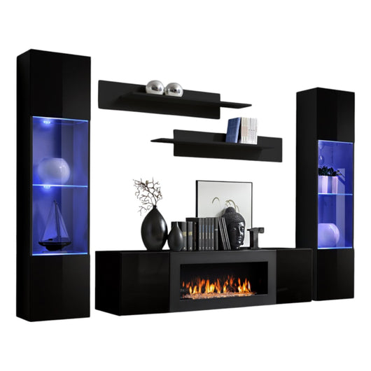 Set di mobili sospesi con camino decorativo collezione FLY M3. Colore nero.