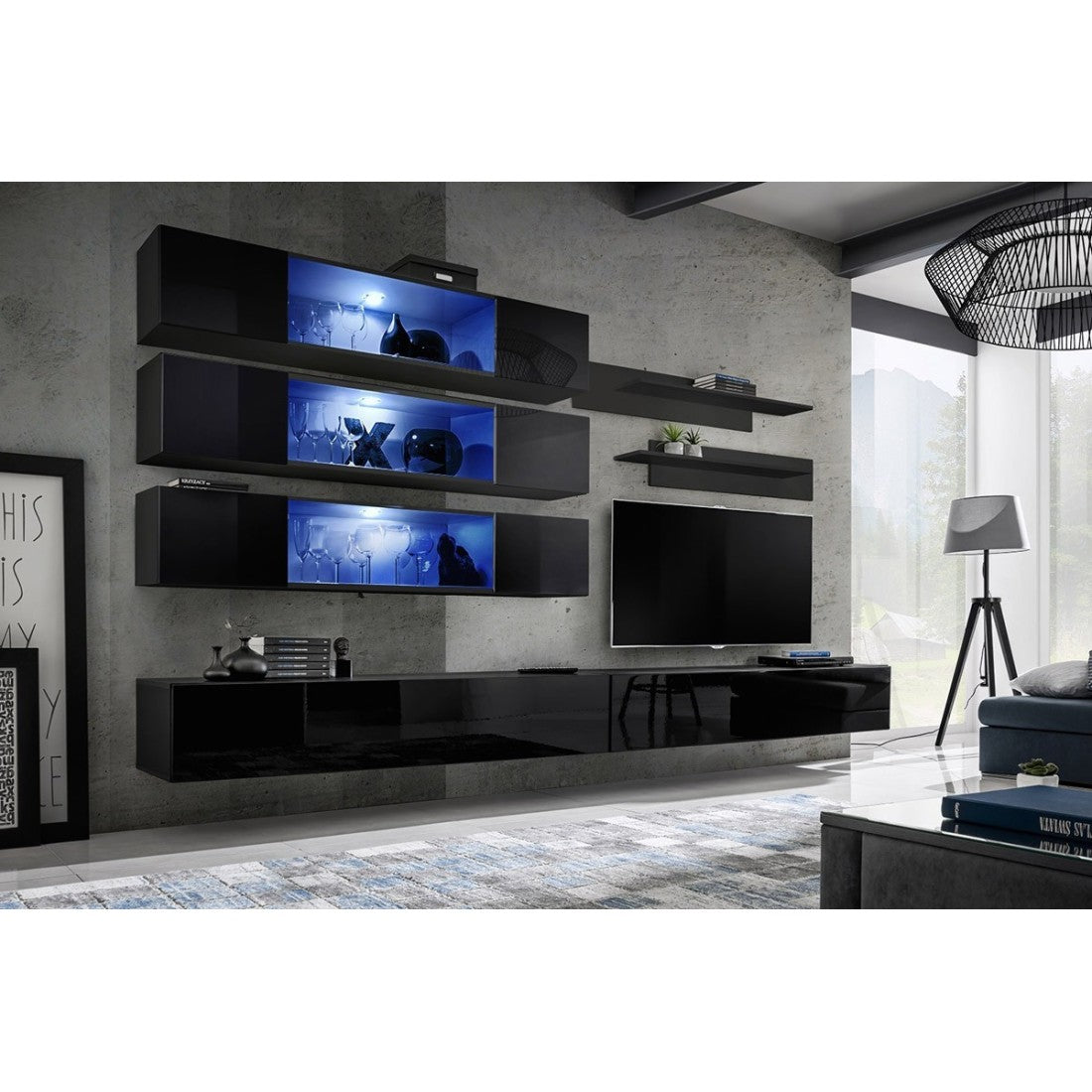 Set di mobili sospesi con LED della collezione FLY J3. Colore nero.