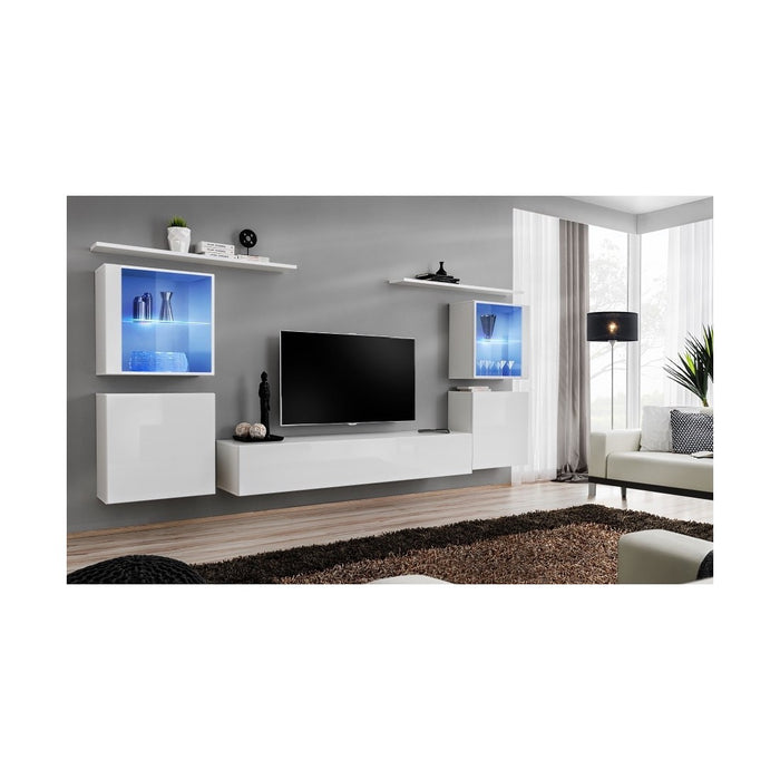 Set di mobili sospesi design per soggiorno collezione SWITCH XIV, colore bianco lucido.