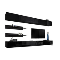 Set di mobili sospesi FLY. Colori nero opaco e nero lucido.