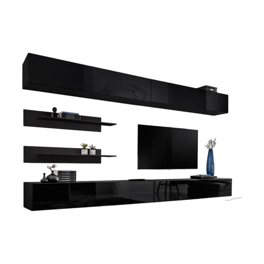 Set di mobili sospesi FLY. Colori nero opaco e nero lucido.