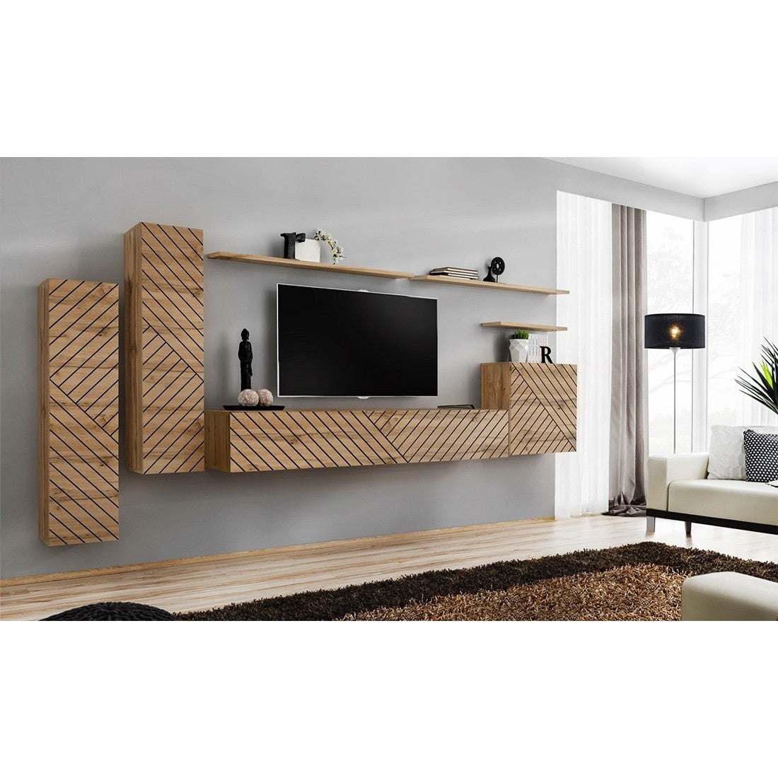 Set di mobili sospesi per il tuo soggiorno, collezione SWITCH I. Colore rovere. Finitura frontale fresata.