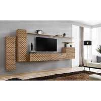 Set di mobili sospesi per il tuo soggiorno, collezione SWITCH I. Colore rovere. Finitura frontale fresata.