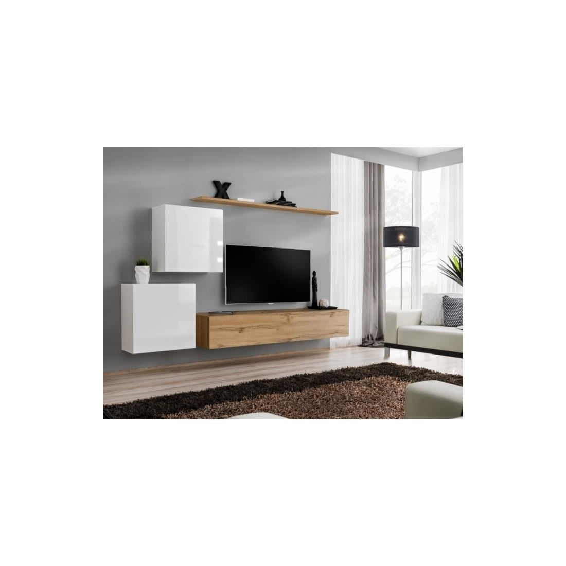 Set di mobili sospesi per il tuo soggiorno, collezione SWITCH V. Colori rovere Wotan e bianco lucido.