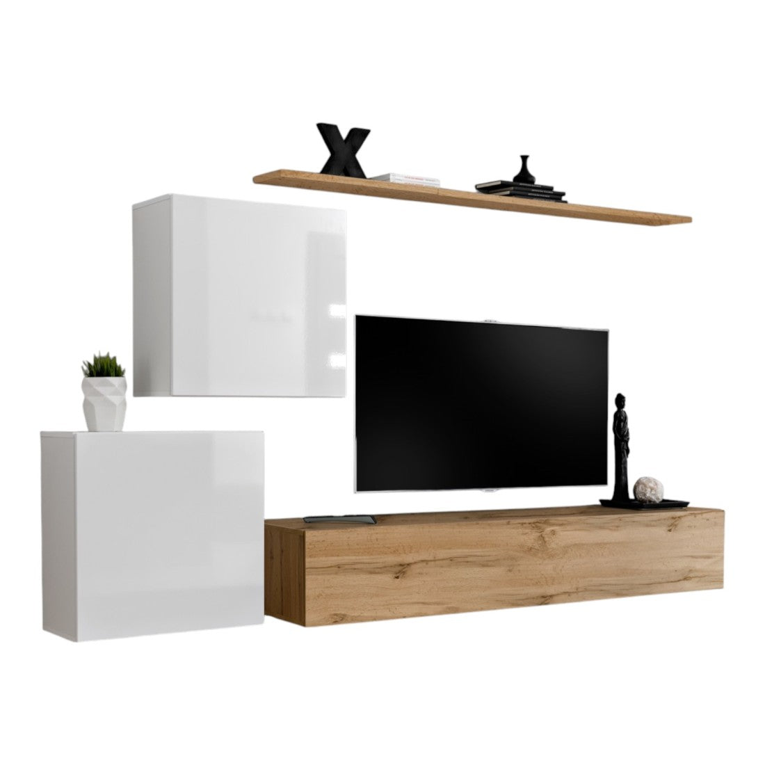 Set di mobili sospesi per il tuo soggiorno, collezione SWITCH V. Colori rovere Wotan e bianco lucido.