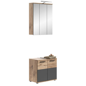 Set da bagno: mobile sotto lavabo + armadietto con specchi e LED – Grigio antracite e rovere chiaro – SEL