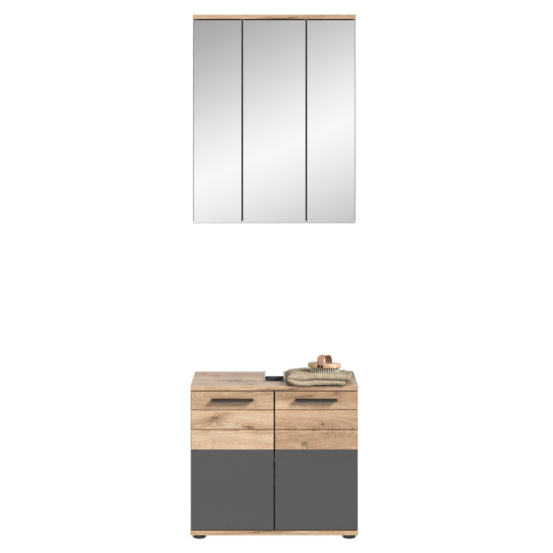 Set da bagno: mobile sottolavabo + mobiletto con specchi - Grigio antracite e rovere chiaro - SELMA