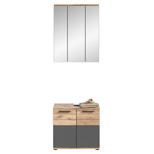 Set da bagno: mobile sottolavabo + mobiletto con specchi - Grigio antracite e rovere chiaro - SELMA