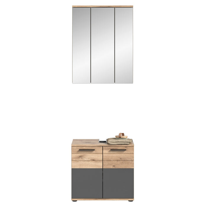 Set da bagno: mobile sottolavabo + mobiletto con specchi - Grigio antracite e rovere chiaro - SELMA