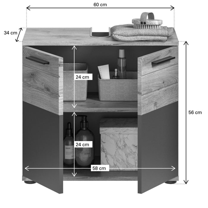 Set da bagno: mobile sottolavabo + mobiletto con specchi - Grigio antracite e rovere chiaro - SELMA