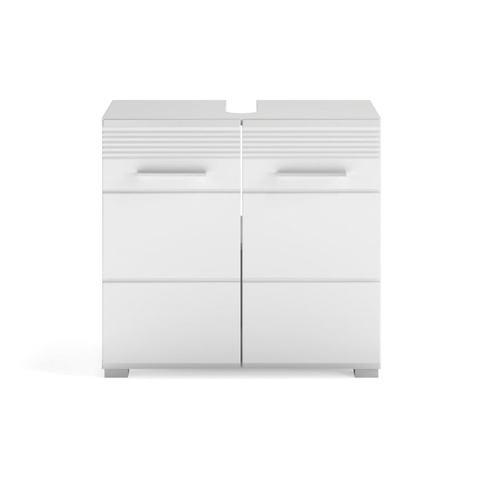 Set da bagno: mobile sotto lavabo + mobiletto con specchio – Bianco lucido – KLEANKIN