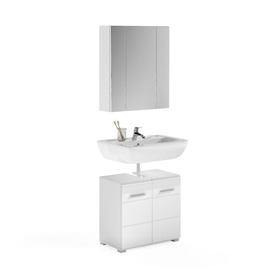 Set da bagno: mobile sotto lavabo + mobiletto con specchio - Bianco lucido - KLEANKIN