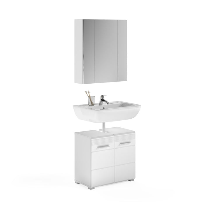 Set da bagno: mobile sotto lavabo + mobiletto con specchio - Bianco lucido - KLEANKIN
