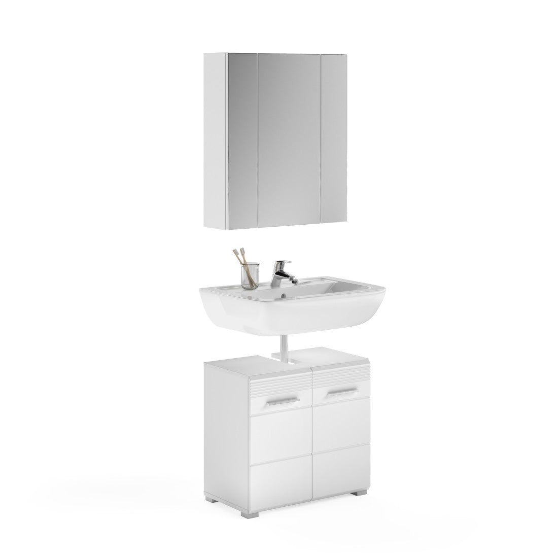 Set da bagno: mobile sotto lavabo + mobiletto con specchio – Bianco lucido – KLEANKIN