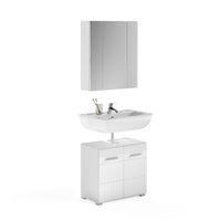 Set da bagno: mobile sotto lavabo + mobiletto con specchio – Bianco lucido – KLEANKIN
