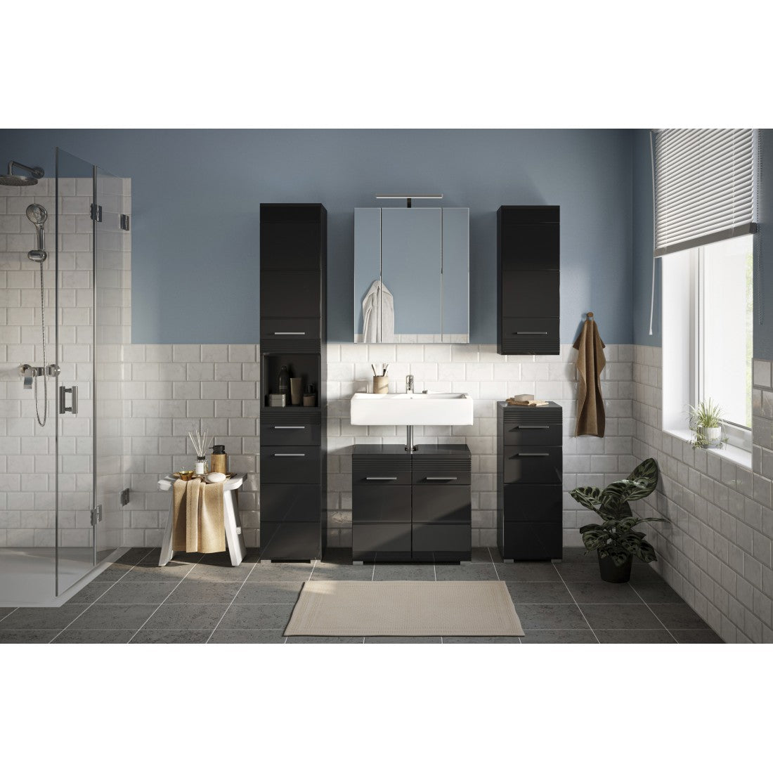 Set per il bagno: mobile sottolavabo - Nero lucido - KLEANKIN