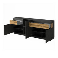 Set da salotto con vetrina e buffet collezione KILES. Colori grigio antracite e rovere.