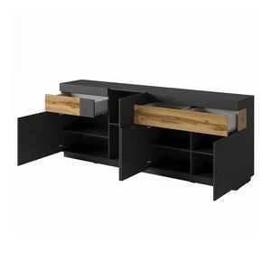 Set da salotto con vetrina e buffet collezione KILES. Colori grigio antracite e rovere.