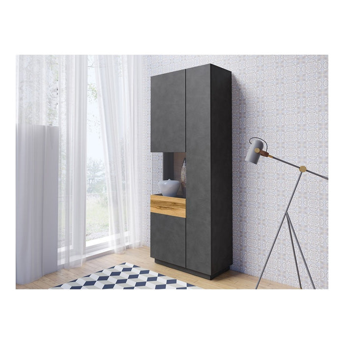 Set da salotto con vetrina e buffet collezione KILES. Colori grigio antracite e rovere.