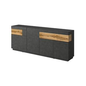 Set da salotto con vetrina e buffet collezione KILES. Colori grigio antracite e rovere.