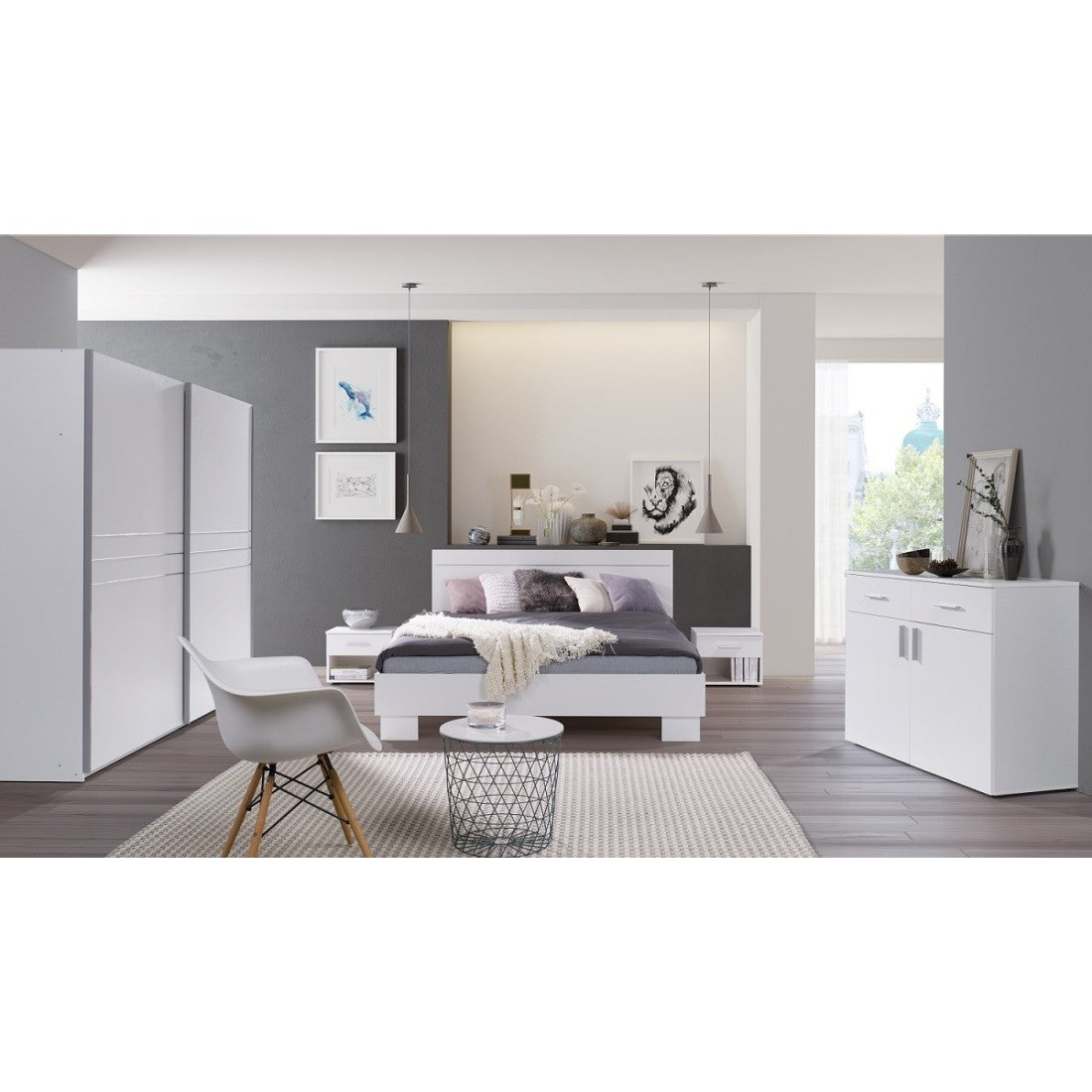 Set design per camera da letto COMO. Letto 160X200 cm con rete + comodini.