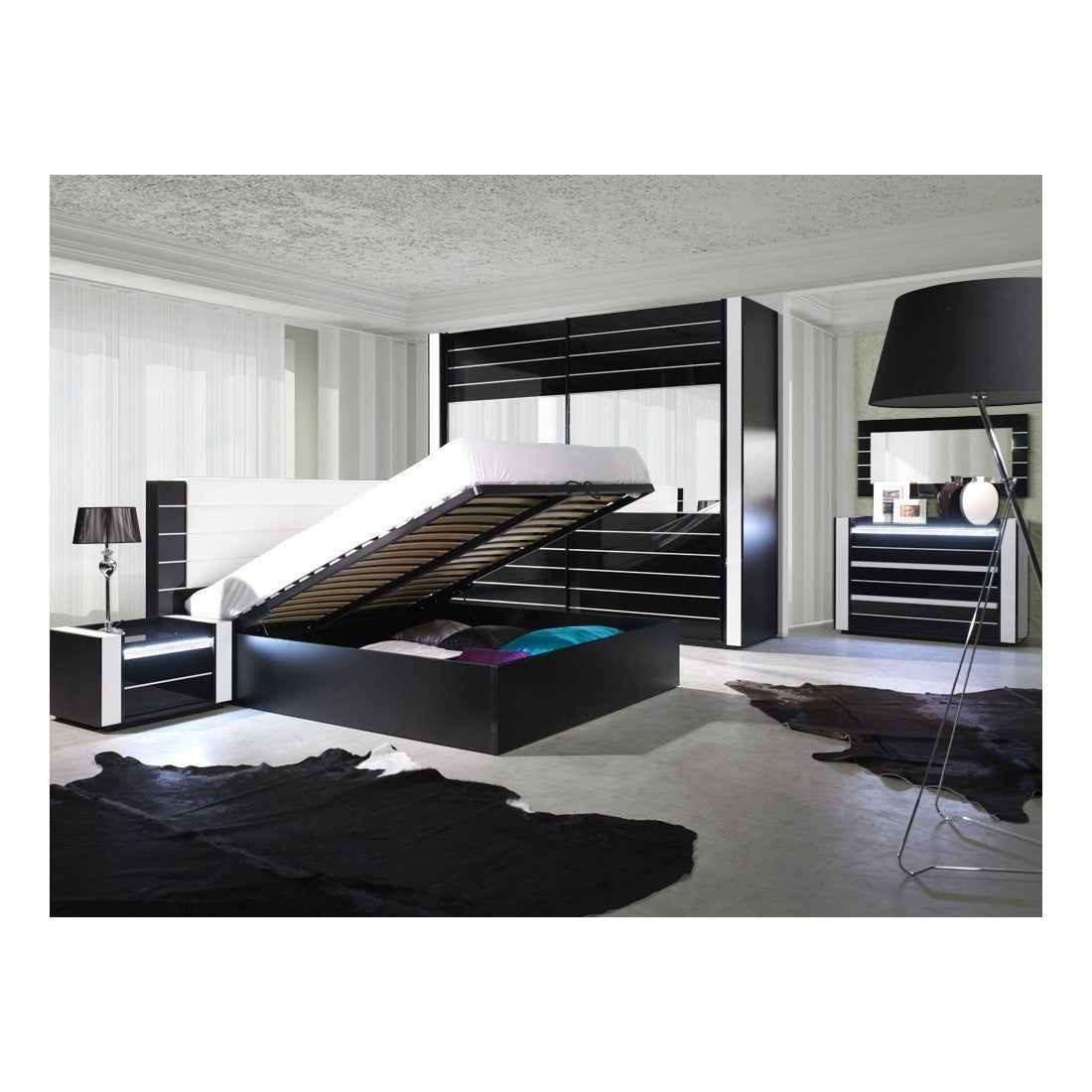Set da camera da letto LINA nero. Letto contenitore 180x200 + 2 comodini con LED + cassettiera con LED
