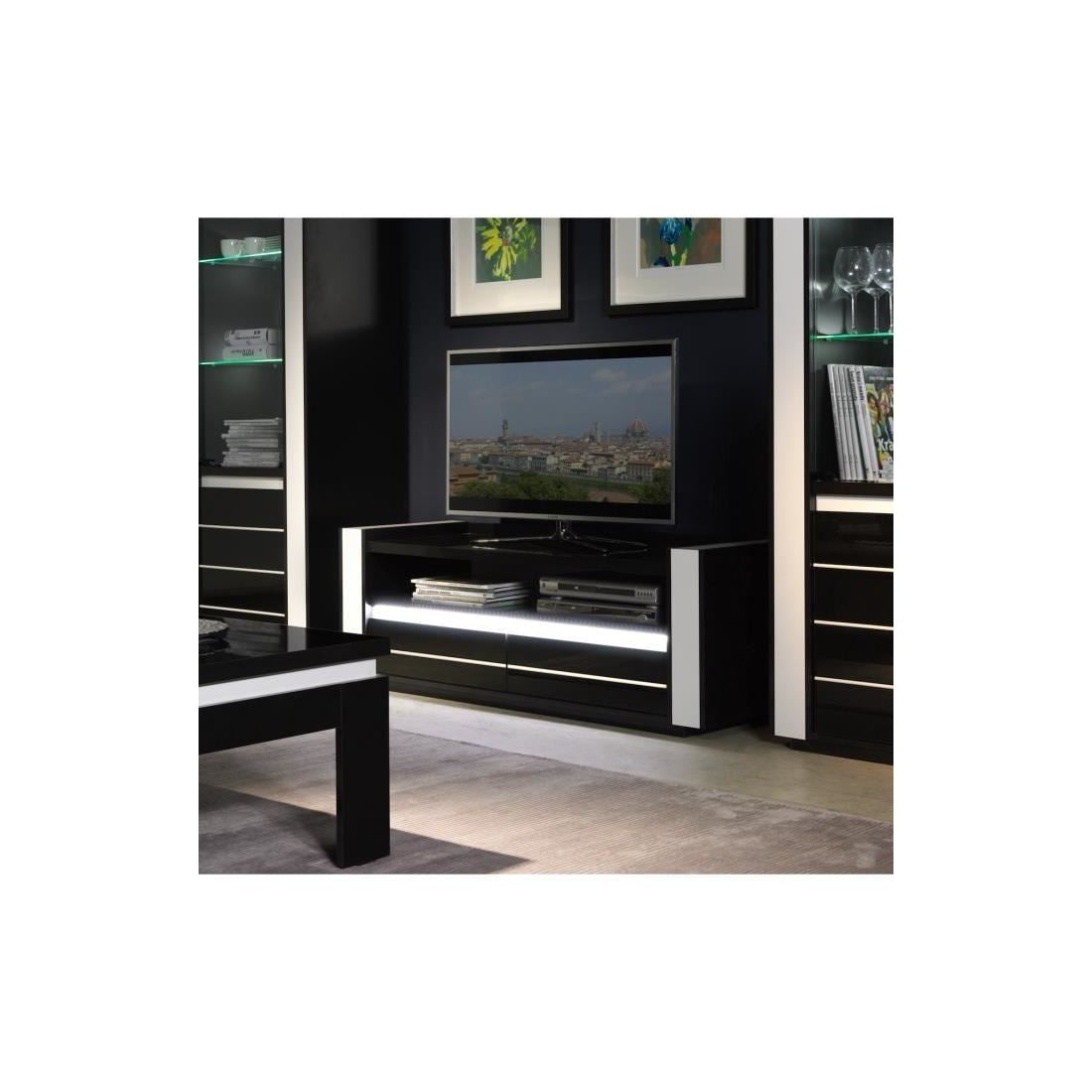 Set LINA nero e bianco: vetrina e mobile TV con LED