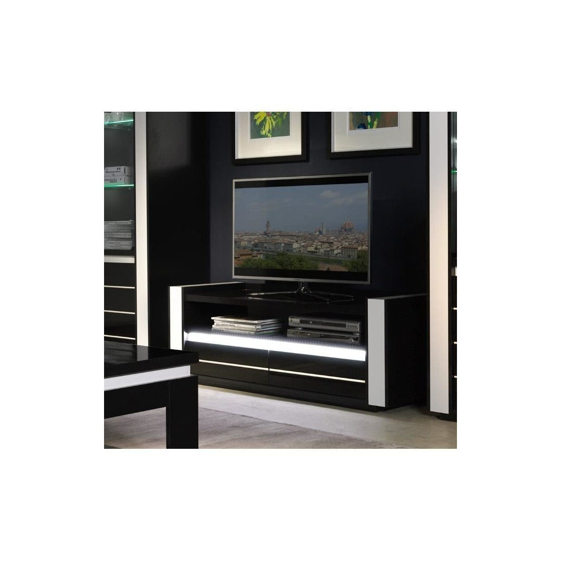 Set LINA nero e bianco con vetrine, tavolino e mobile TV + LED