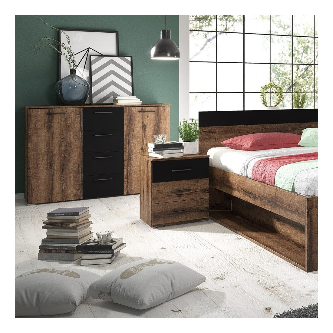 Set Letto 160x200 più Comodini collezione EOS. Colore rovere scuro e nero.