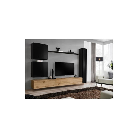 Set di mobili per soggiorno, da parete, SWITCH VIII. Mobile porta TV da parete di design, colore quercia Wotan e nero lucido.