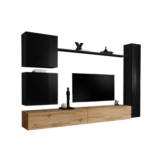 Set di mobili per soggiorno, da parete, SWITCH VIII. Mobile porta TV da parete di design, colore quercia Wotan e nero lucido.