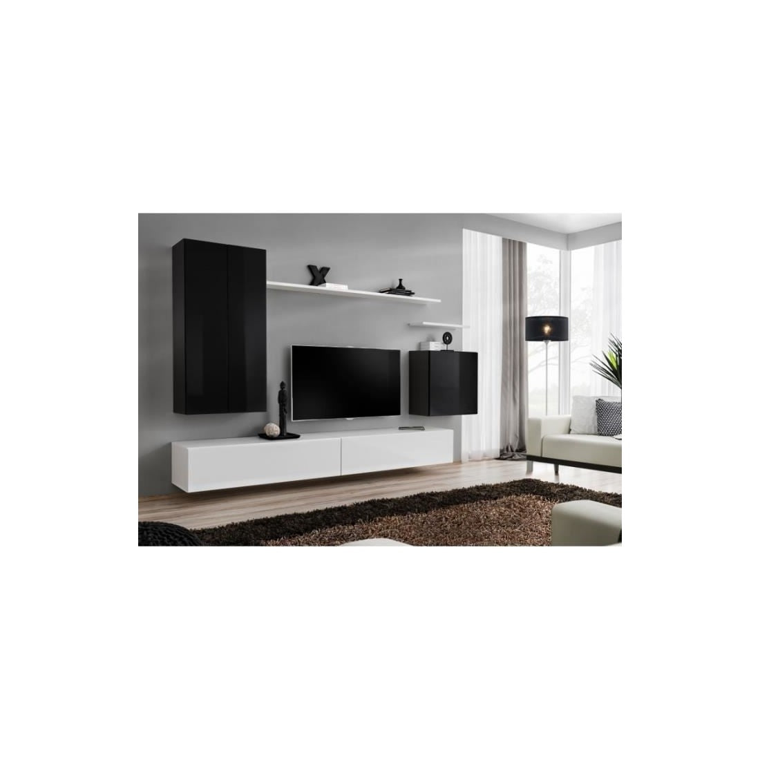 Set mobile soggiorno collezione SWITCH II design, colori nero e bianco lucido.