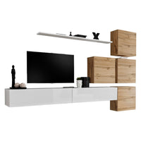 Set di mobili da salotto da parete SWITCH IX design, colore bianco lucido e quercia Wotan.