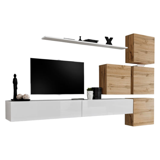 Set di mobili da salotto da parete SWITCH IX design, colore bianco lucido e quercia Wotan.