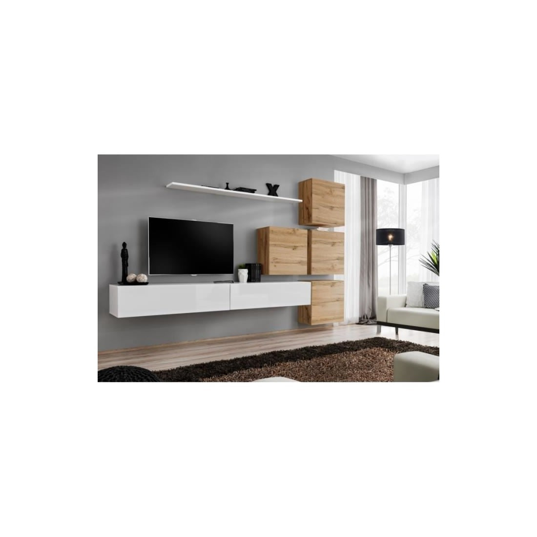Set di mobili da salotto da parete SWITCH IX design, colore bianco lucido e quercia Wotan.