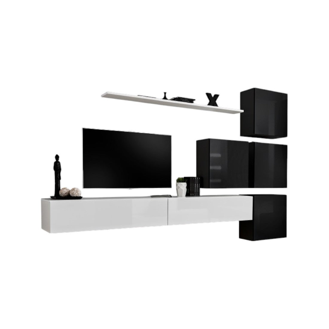 Set di mobili da salotto murali SWITCH IX design, colori bianco e nero lucido.