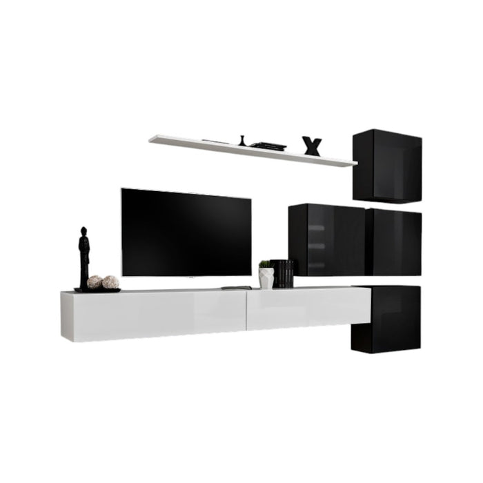 Set di mobili da salotto murali SWITCH IX design, colori bianco e nero lucido.
