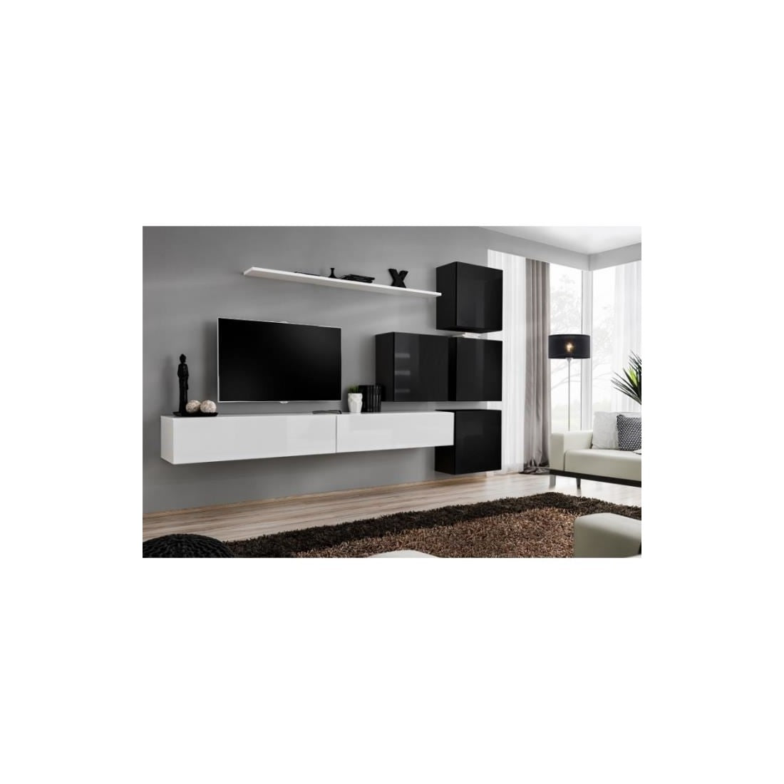 Set di mobili da salotto murali SWITCH IX design, colori bianco e nero lucido.