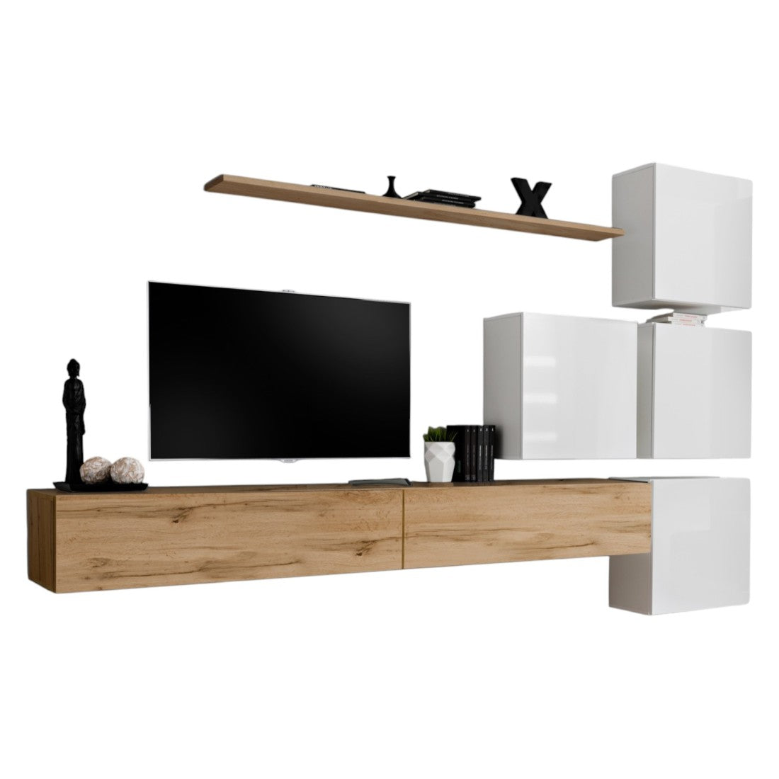 Mobile da soggiorno a parete SWITCH IX design, colore rovere Wotan e bianco lucido.