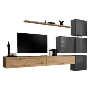 Set mobile da salotto murale SWITCH IX design, colore quercia Wotan e grigio brillante.