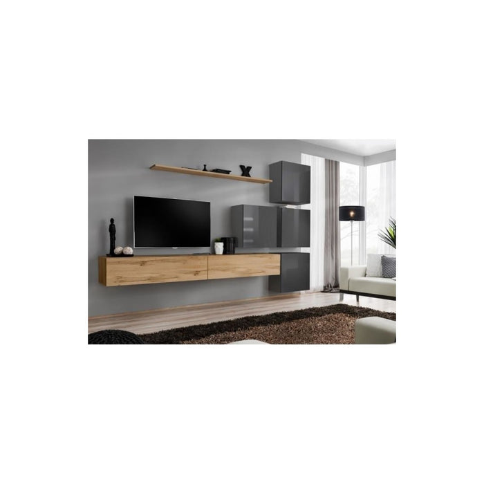 Set mobile da salotto murale SWITCH IX design, colore quercia Wotan e grigio brillante.
