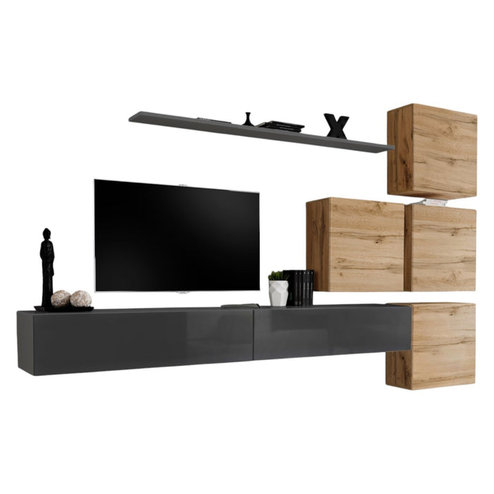 Set di mobili da soggiorno da parete SWITCH IX design, colore grigio lucido e rovere Wotan.