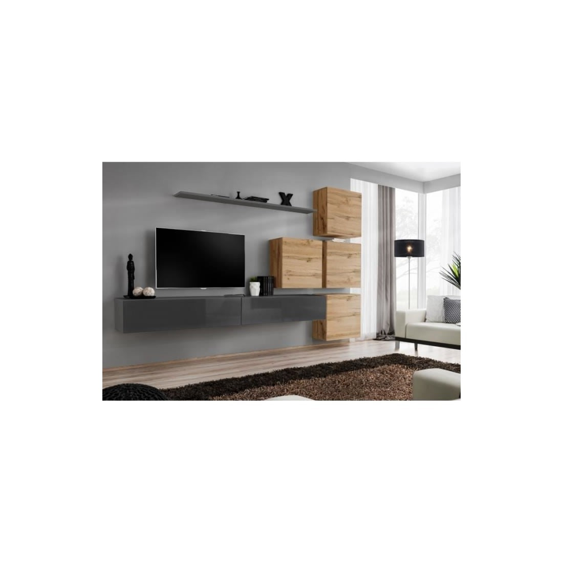 Set di mobili da soggiorno da parete SWITCH IX design, colore grigio lucido e rovere Wotan.