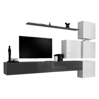 Set di mobili da salotto da parete SWITCH IX design, colore grigio e bianco lucido.